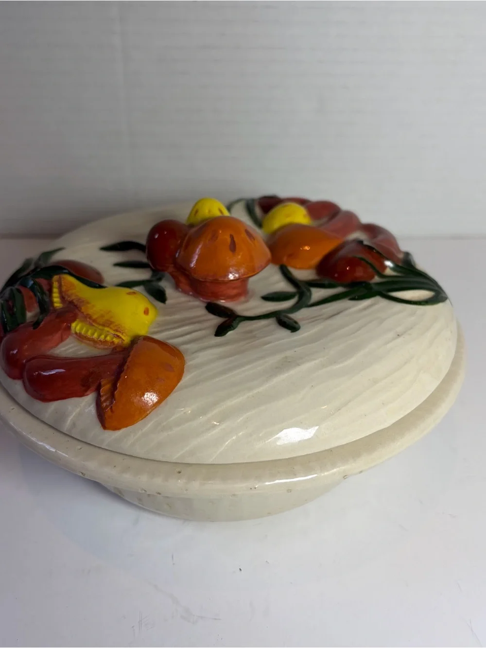 VTG 1970s Arnel's Mushroom Lidded Dish Hand Painted Yellow Green Rust